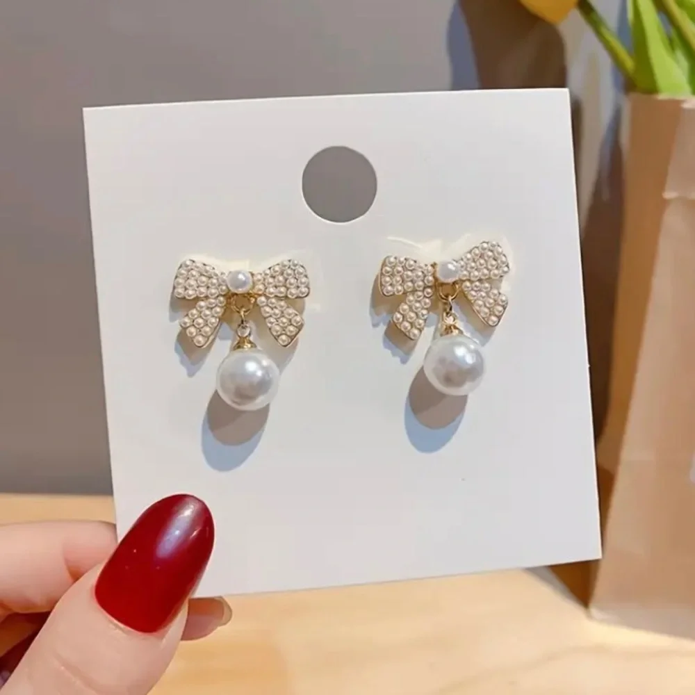 White Bow Coquette Faux Pearl Formal Prom Cocktail Earrings Wedding Jewelry
